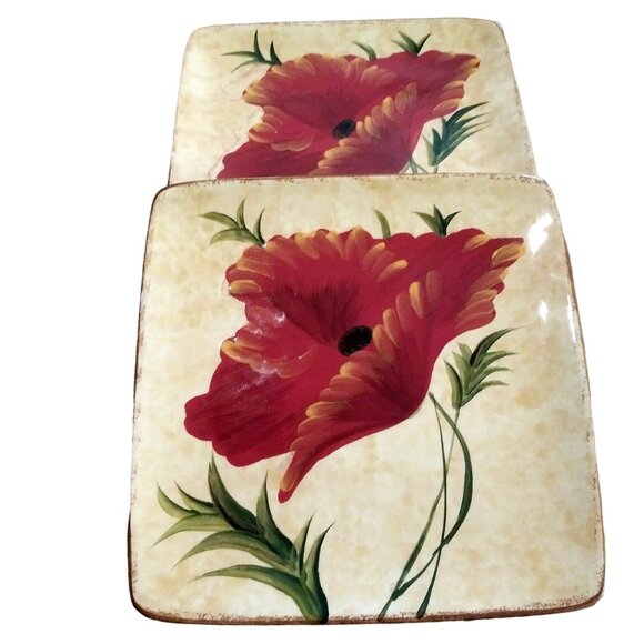Pier 1 Square Poppies Salad Plate, Cottagecore Plate, Hand Painted Server Plate - Picture 2 of 11
